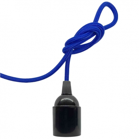 Douille à vis Edison E27 Noire Brillant (Lisse Sans Bague) avec Câble Textile Bleu