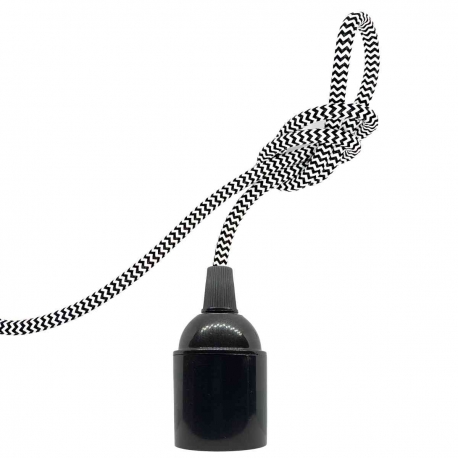 Douille à vis Edison E27 Noire Brillant (Lisse Sans Bague) avec Câble Textile Noir et Blanc