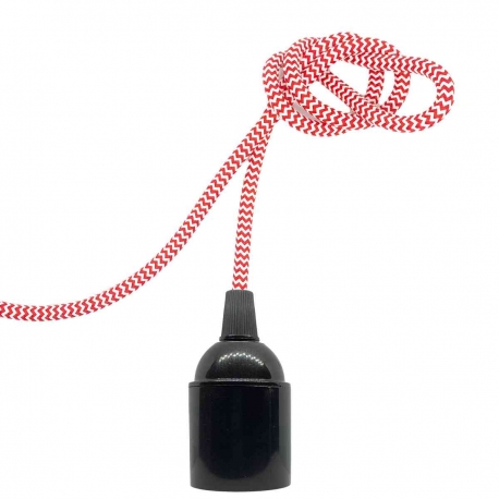 Douille à vis Edison E27 Noire Brillant (Lisse Sans Bague) avec Câble Textile Rouge et Blanc
