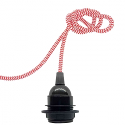 Douille à vis Edison E27 Noire Brillant (Demi Fileté) avec Câble Textile Rouge et Blanc