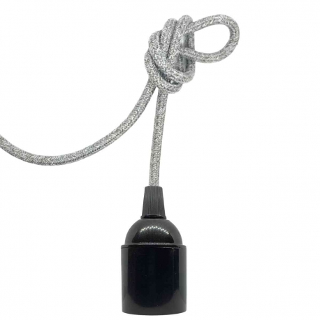 Douille à vis Edison E27 Noire Brillant (Lisse Sans Bague) avec Câble Textile Gris