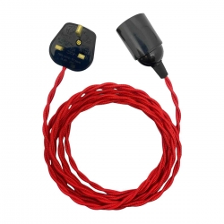 Douille à vis Edison E27 Noire Brillant (Lisse Sans Bague) avec Câble Textile Rouge et Prise