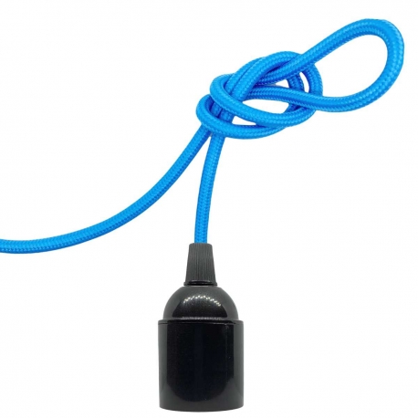 Douille à vis Edison E27 Noire Brillant (Lisse Sans Bague) avec Câble Textile Bleu