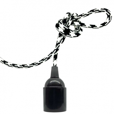 Portalámpara Baquelita﻿﻿ E27 (Liso) Glosar con Cable Textil Negro y Blanco Houndstooth