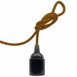 Douille à vis Edison E27 Noire Brillant (Lisse Sans Bague) avec Câble Textile Marron